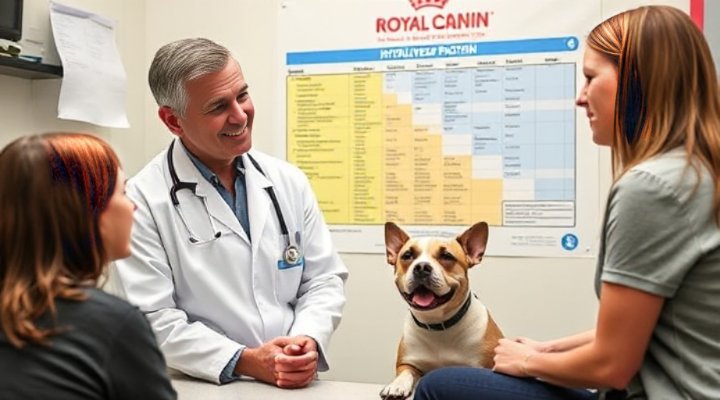 A veterinarian explaining Royal Canin Hydrolyzed Protein benefits to a concerned pet owner