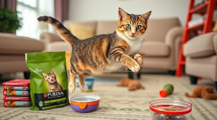 An active indoor cat playing after eating Purina cat food