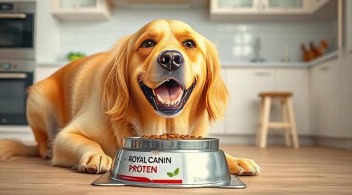 Golden retriever enjoying Royal Canin Hydrolyzed Protein food