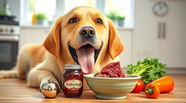 A happy golden retriever enjoying a bowl of raw meat and vegetables