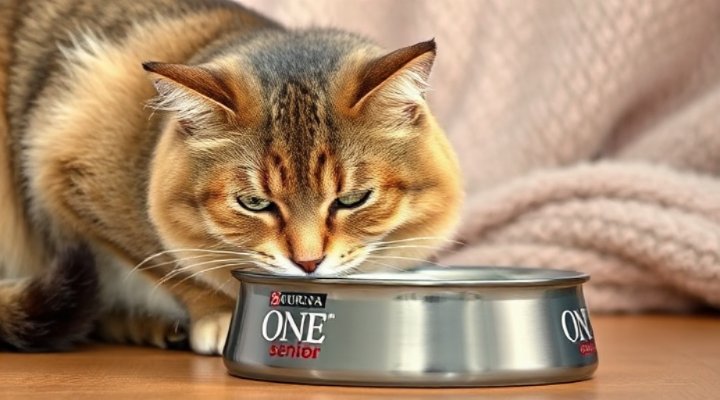 A senior cat enjoying Purina ONE senior formula