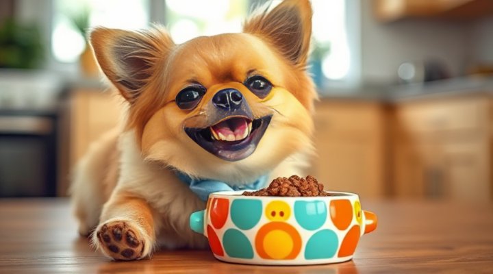A small breed dog happily eating wet food from a bowl