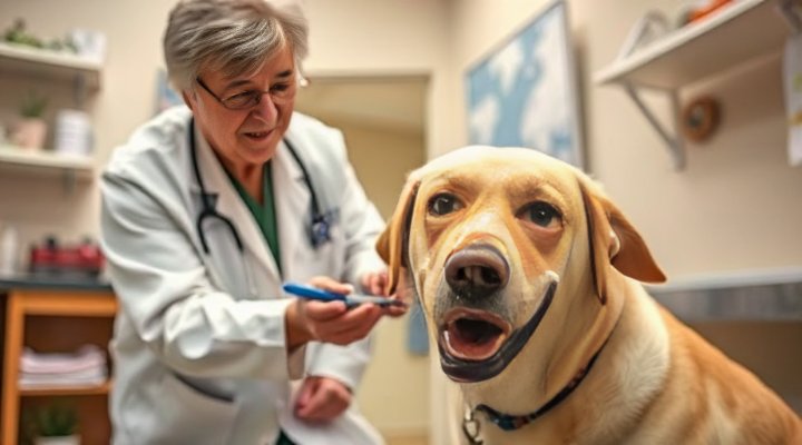 A veterinarian examining a healthy and happy dog