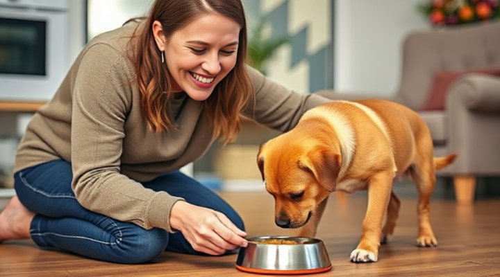 A loving dog owner feeding their small breed dog wet food