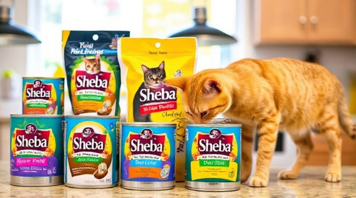 Assortment of Sheba cat food flavors in cute packaging