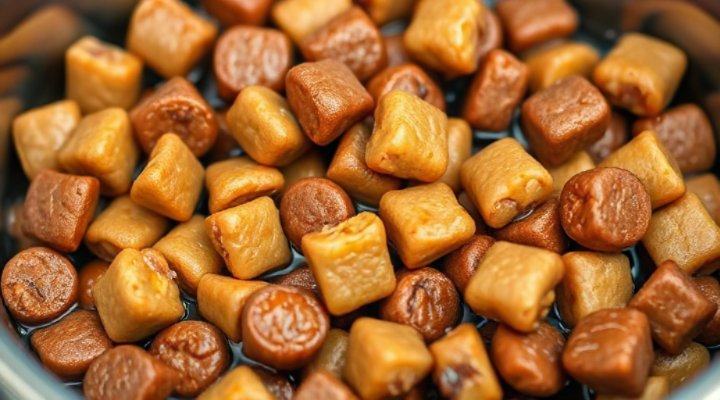 Close-up view of high-quality wet dog food showing its texture and moisture