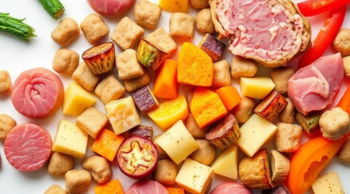 Close-up of Beneful dog food ingredients showing meat and vegetables