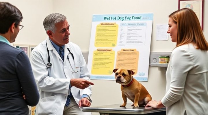 A veterinarian advising a pet owner about wet dog food choices