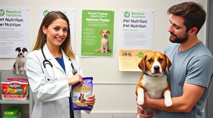 Veterinarian explaining Beneful nutrition facts to pet owner