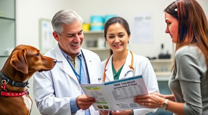 A friendly veterinarian discussing wet dog food options with a pet owner