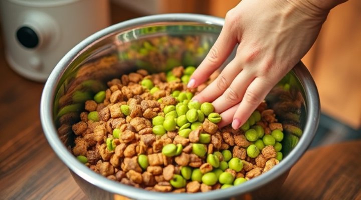 A hand mixing old and new pet food in a bowl