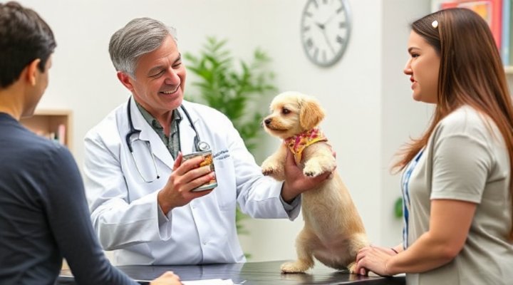 A veterinarian advising a pet owner on choosing the best wet dog food for small breeds