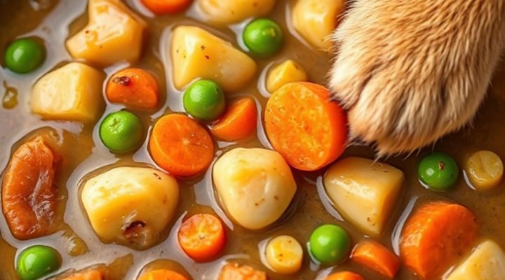 Healthy ingredients like chicken, carrots, and peas in wet dog food