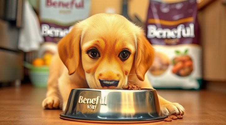 Golden retriever happily eating Beneful dog food from bowl