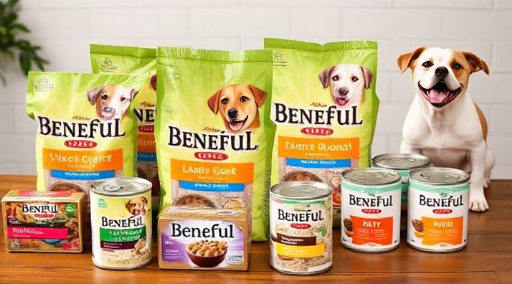 Different flavors of Beneful dog food displayed on a table
