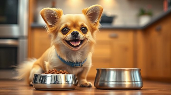 Cute small breed dog happily eating wet dog food