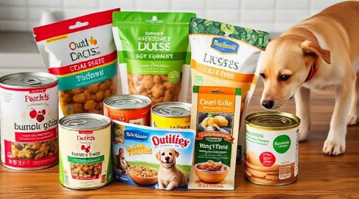 Different brands of wet dog food for small breeds laid out for comparison