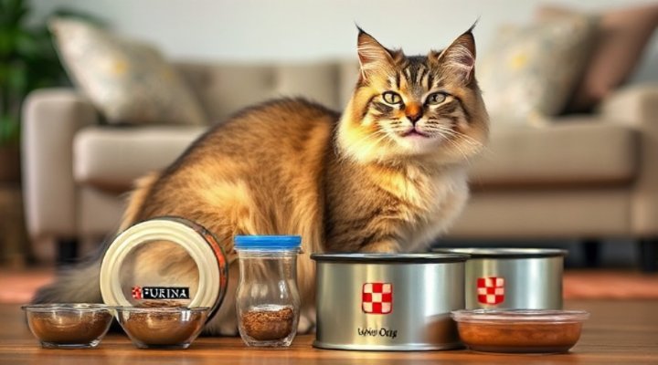 A happy indoor cat enjoying a bowl of Purina cat food