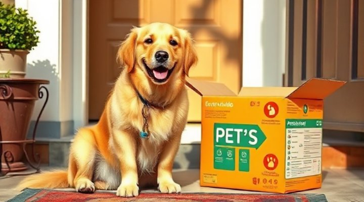 A happy golden retriever excitedly receiving a box of fresh pet food delivery