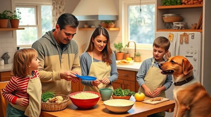 A loving family preparing homemade human grade dog food together