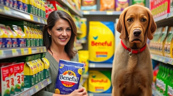 A caring pet owner selecting Beneful dog food at the store