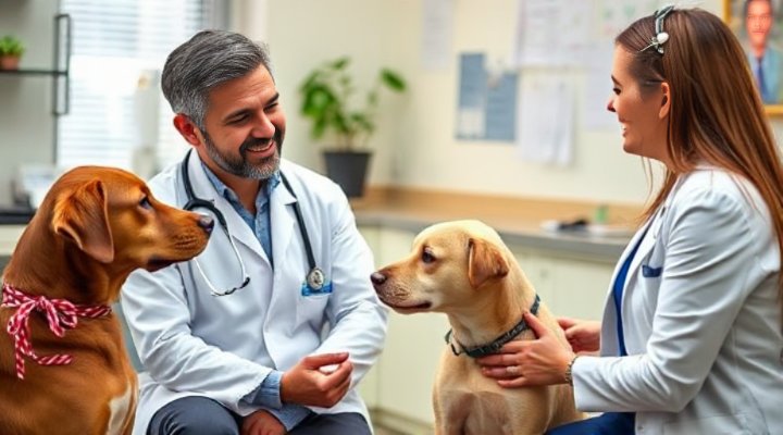 A veterinarian explaining Royal Canin Hydrolyzed Protein benefits to a concerned pet owner