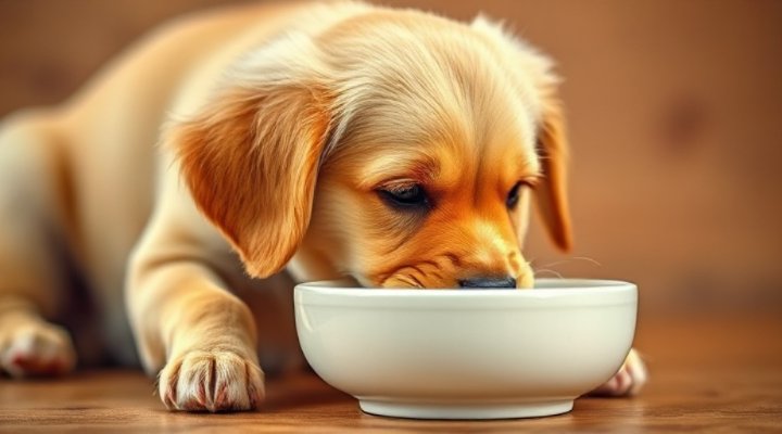A happy dog eating from a bowl during food transition