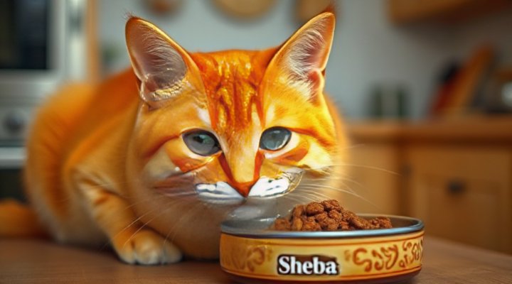 Adorable tabby cat enjoying Sheba cat food from a bowl