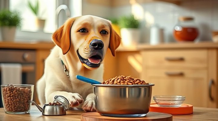 A pet owner mixing old and new food for their dog