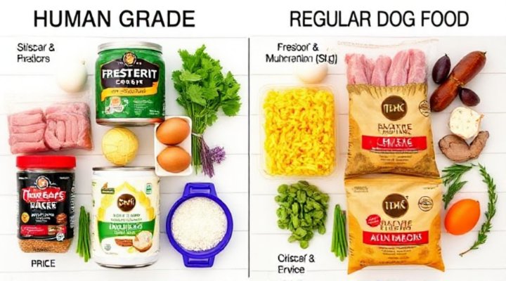 Side-by-side comparison of human grade and regular dog food ingredients