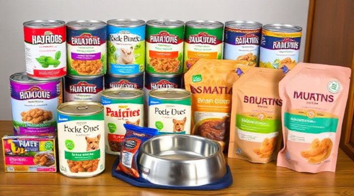 Different brands of wet dog food for small breeds displayed on a table