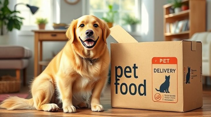 A happy golden retriever sitting next to a box of delivered pet food