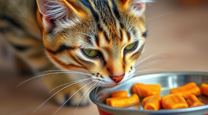 Cat cautiously approaching new food during transition