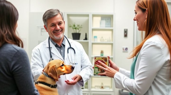 A veterinarian discussing dog nutrition with a pet owner