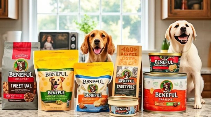 Various Beneful dog food products displayed together