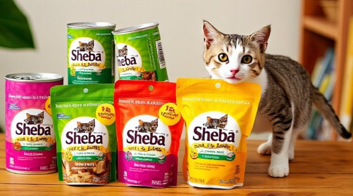 Assorted Sheba cat food flavors displayed attractively