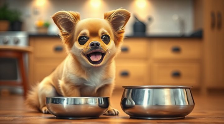 A small breed dog happily eating wet dog food