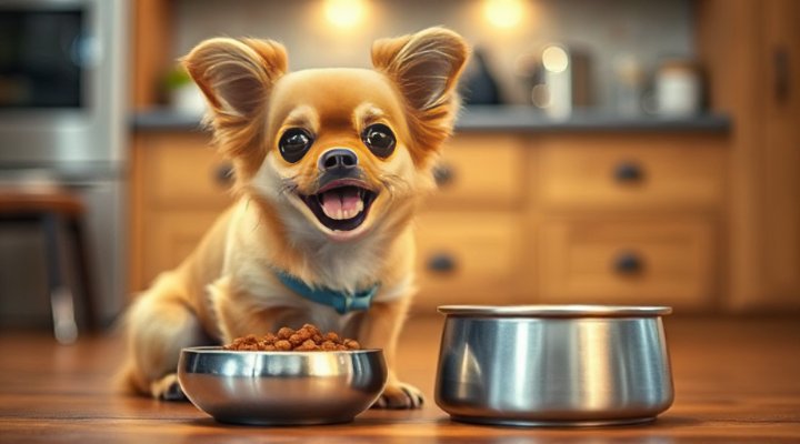 A cute small breed dog happily eating wet food from a bowl