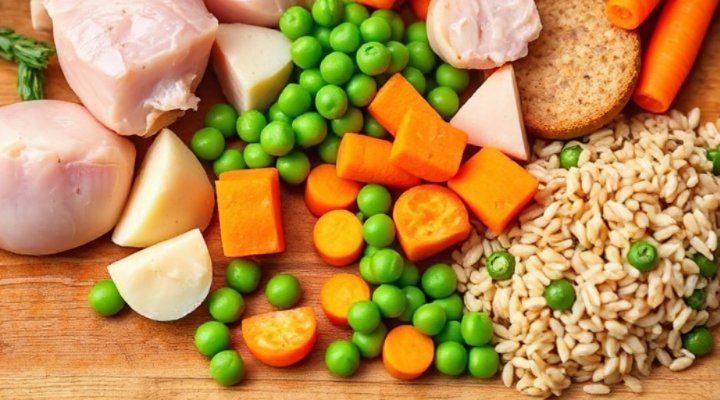 Healthy ingredients like chicken, vegetables, and grains used in wet dog food