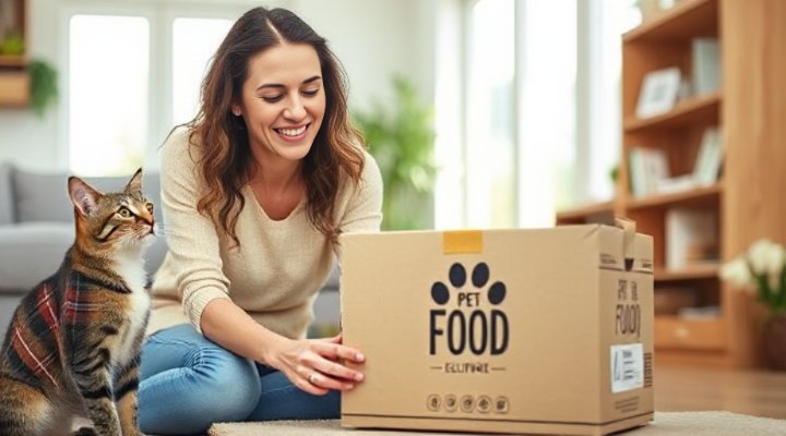 A woman unpacking a pet food delivery box with her cat nearby