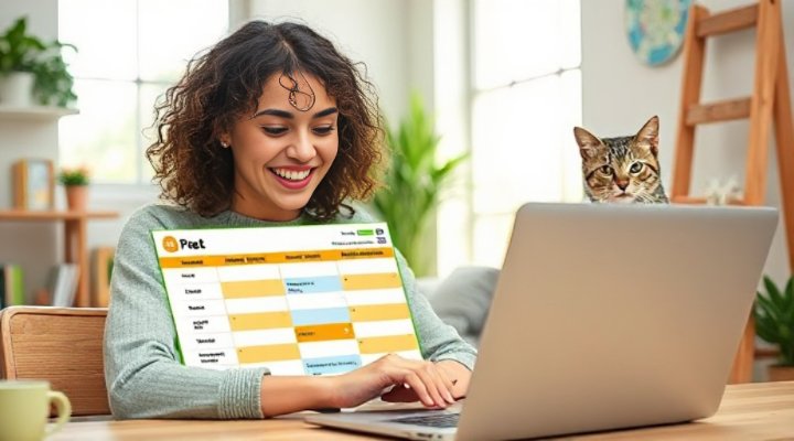 A pet owner checking the delivery schedule on a laptop with a cat nearby
