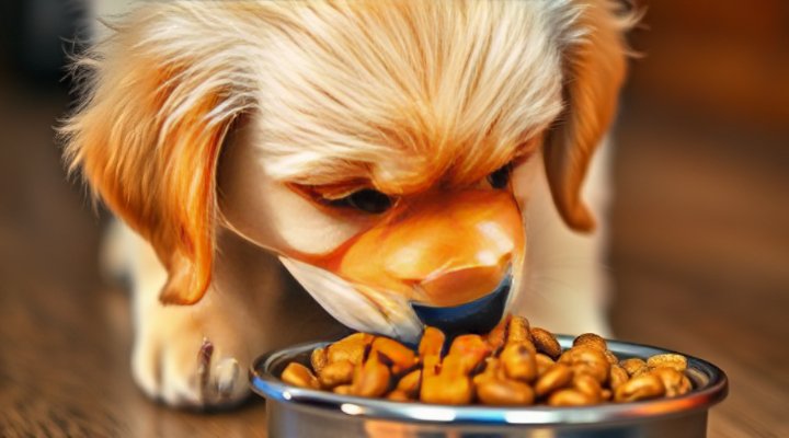A cute dog sniffing a bowl of new food with curiosity
