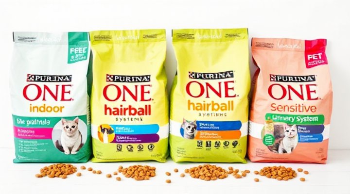 Side-by-side comparison of different Purina ONE cat food formulas