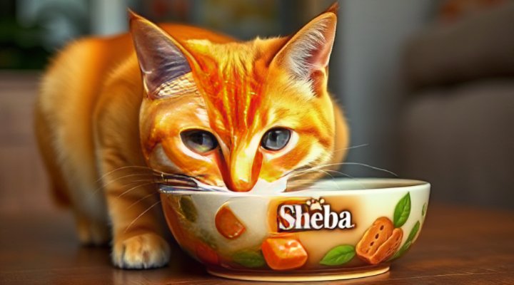 Adorable tabby cat eagerly eating Sheba cat food from a bowl