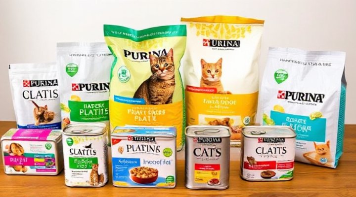 Different Purina cat food formulas for indoor cats displayed on a table