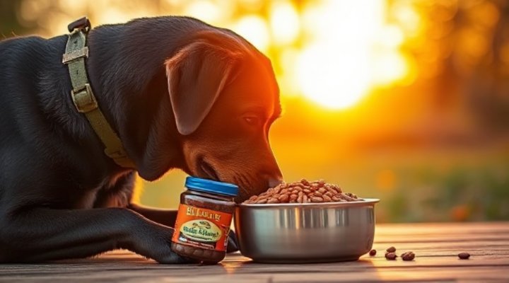 An older dog happily eating from a delivered pet food bowl