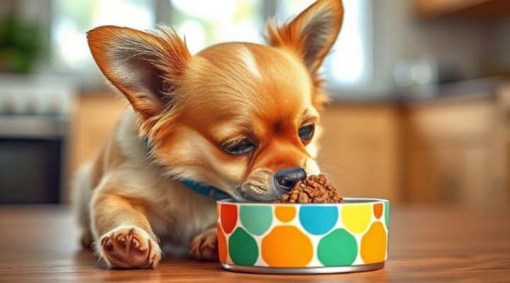 A small breed dog happily eating wet food from a bowl