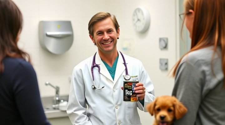 A friendly veterinarian discussing wet dog food options with a pet owner