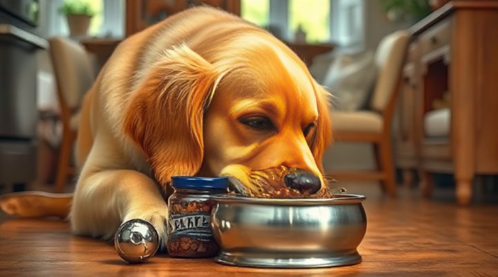 A happy dog eating from a bowl during food transition