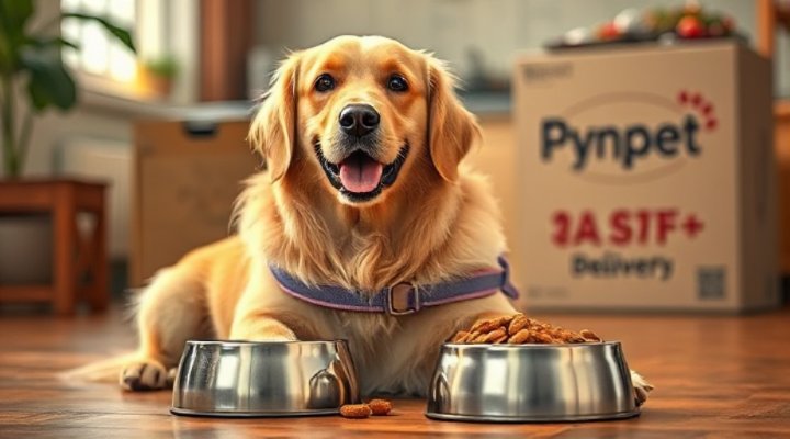 A happy golden retriever with a bowl of fresh pet food delivered to its home